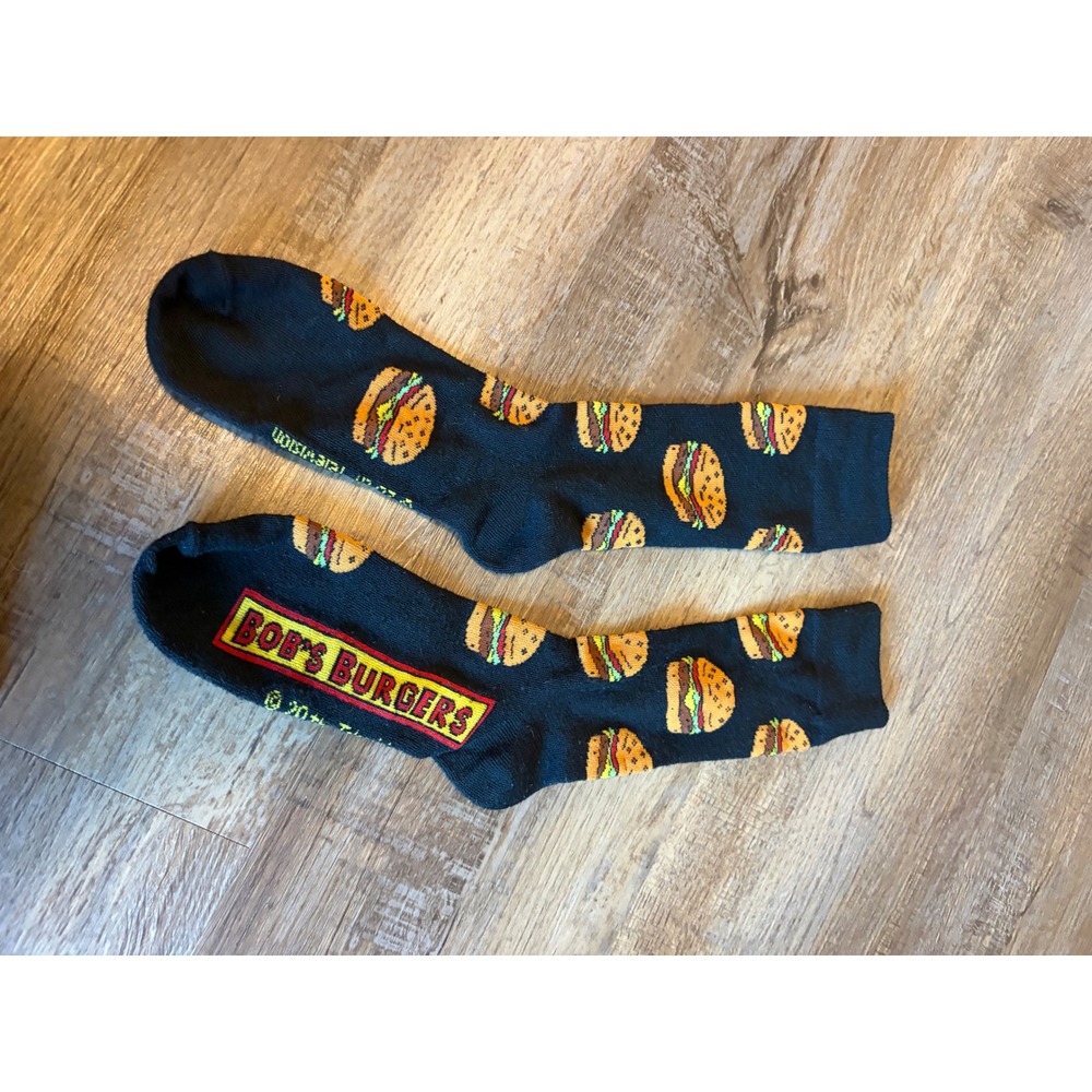 Bobs Burgers Crew Socks Black Burger Print Logo Animated Series Fan Gear